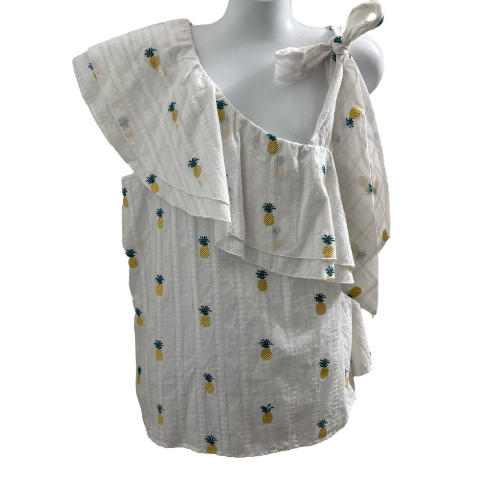 Buffalo David Bitton Pineapple Embroidered Ruffle One Shoulder Top Size L - Picture 2 of 7